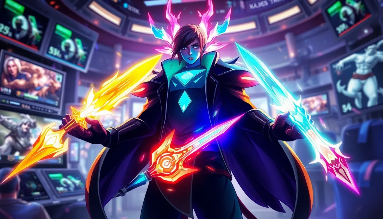 character Aphelios from League of Legends surrounded by his weapons.