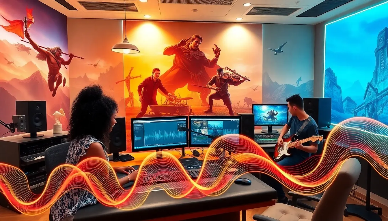 musicians collaborating in a modern studio, representing League of Legends music evolution.