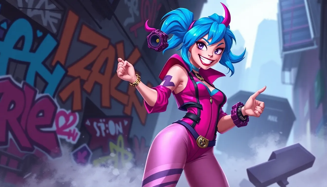Jinx from League of Legends in a vibrant urban setting.
