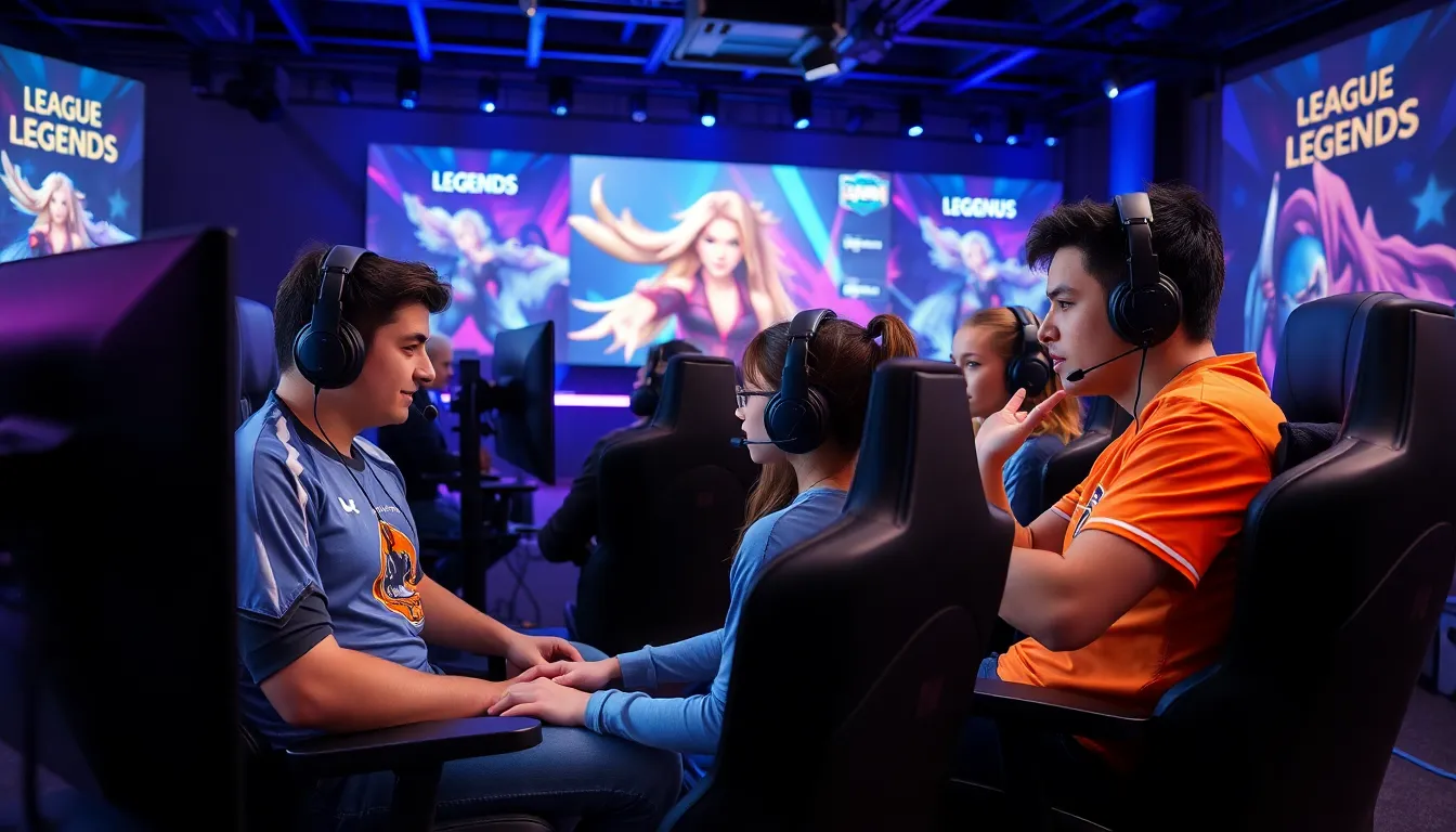 diverse gamers strategizing in an esports setting with League of Legends visuals.