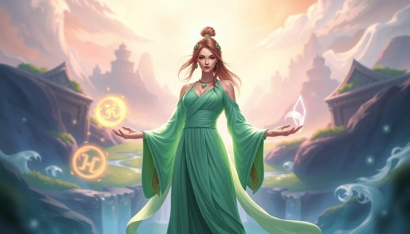 Karma from League of Legends in an ethereal, nature-inspired setting.