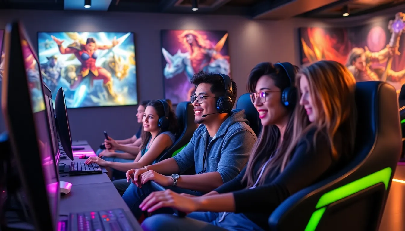 diverse group playing League of Legends Odyssey in a modern gaming lounge.