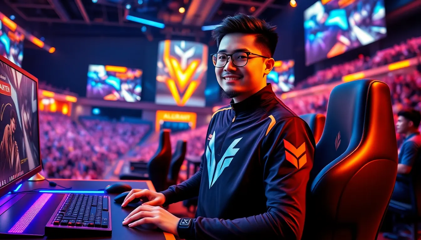 Boaster, a Valorant player, focused at a gaming desk in a vibrant esports arena.